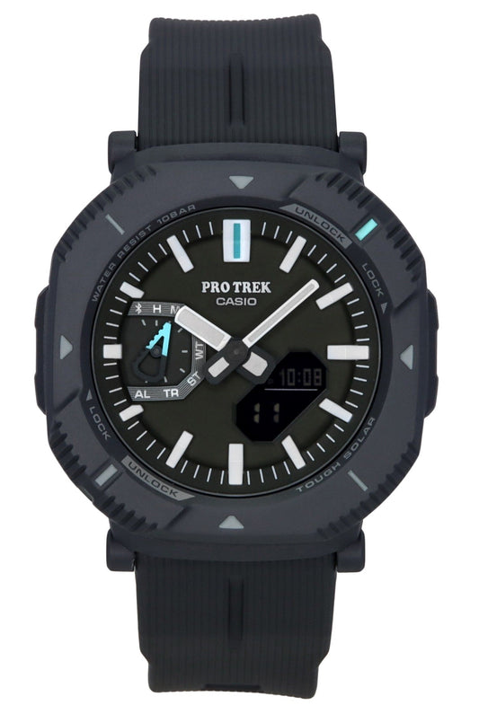 Casio Pro Trek Solar powered Green Male PRJ-B001-1. A brand-new Casio Pro Trek watch featuring a Green dial. Angled view.