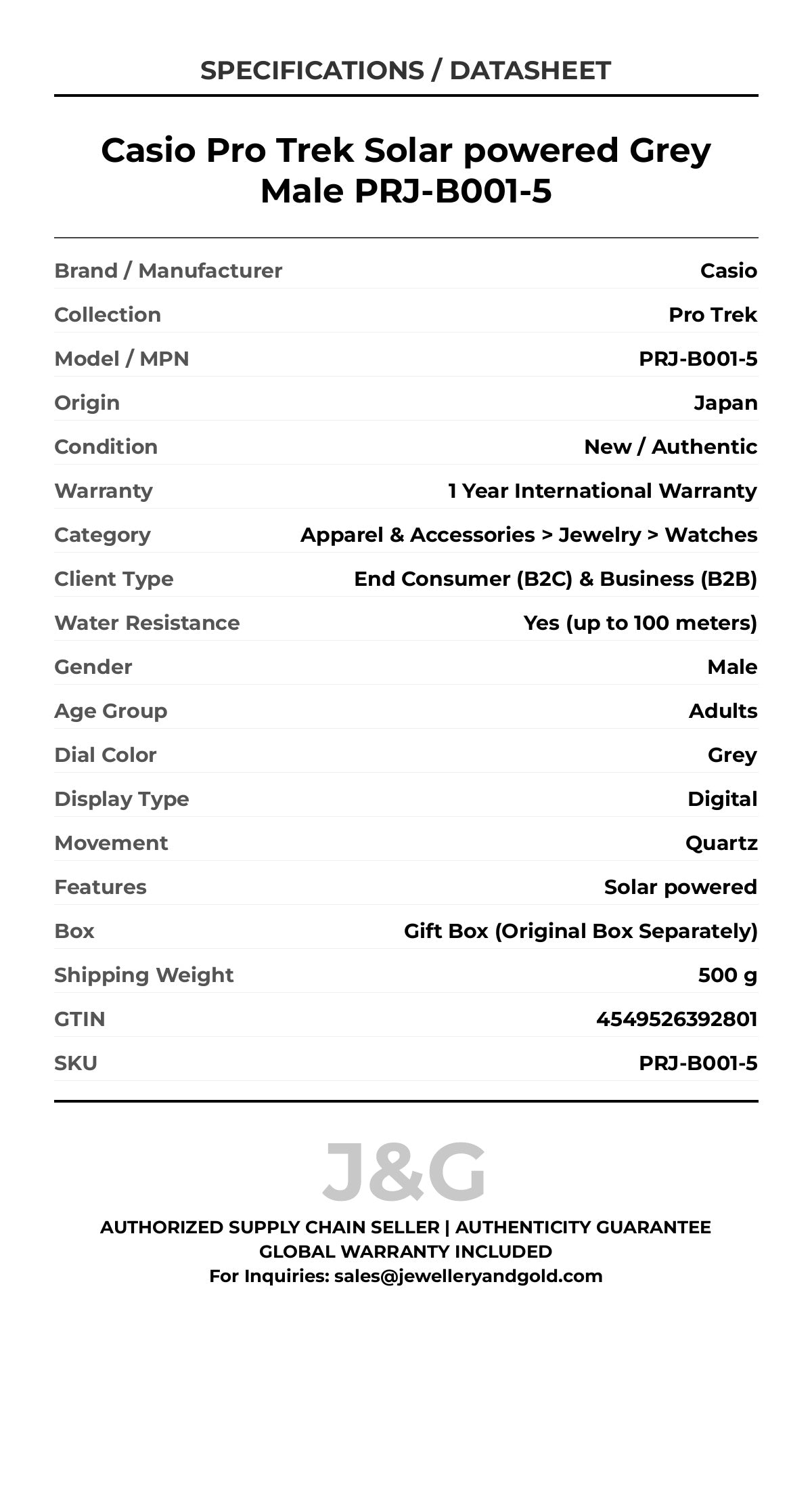 Casio Pro Trek Solar powered Grey Male PRJ-B001-5 - Specifications