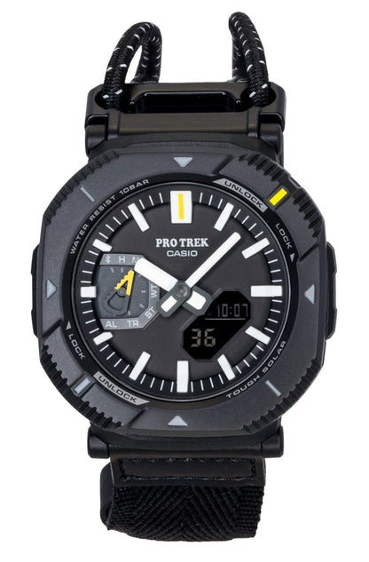 Casio Pro Trek Solar powered Black Polyester Male PRJ-B001B-1. A brand-new Casio Pro Trek watch featuring a Black dial and a Polyester strap. Front view.