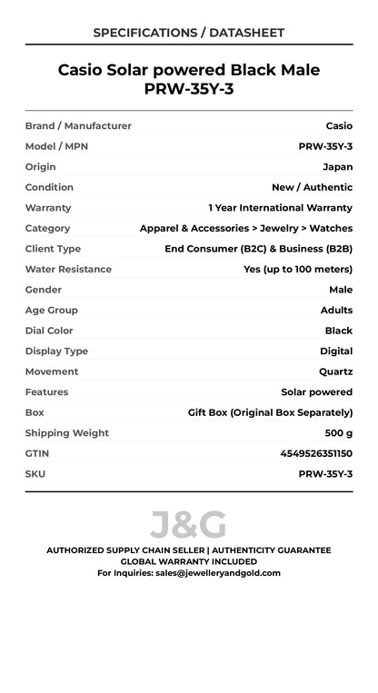 Casio Solar powered Black Male PRW-35Y-3 - Specifications