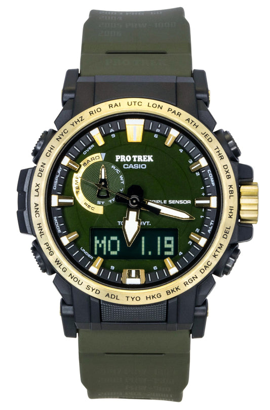 Casio Pro Trek Analog Digital 30th Anniversary Bio-Based. A brand-new Casio Pro Trek watch featuring a Green dial and a Plastic strap. Angled view.