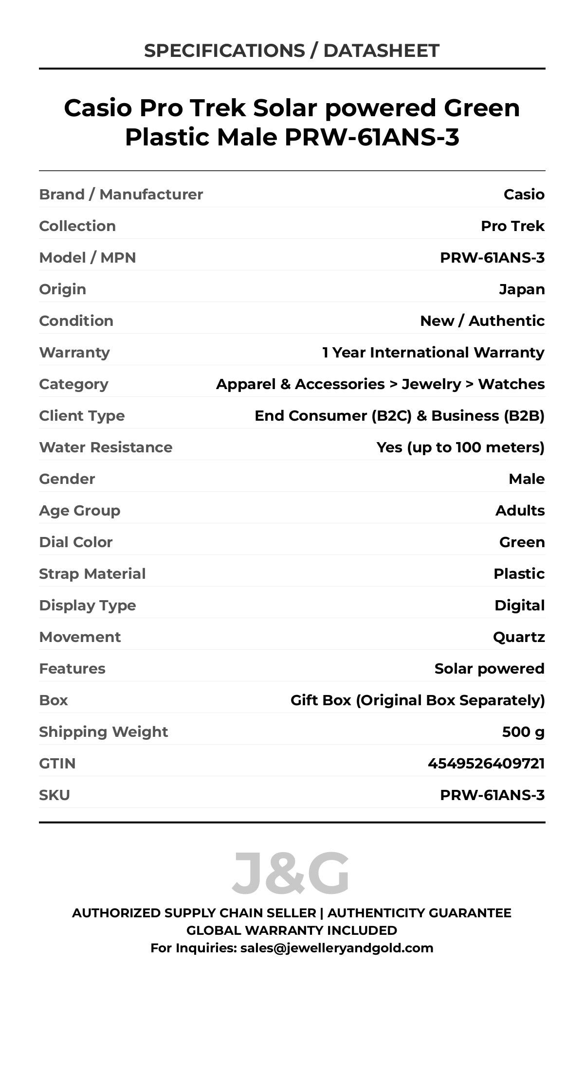 Casio Pro Trek Solar powered Green Plastic Male PRW-61ANS-3 - Specifications