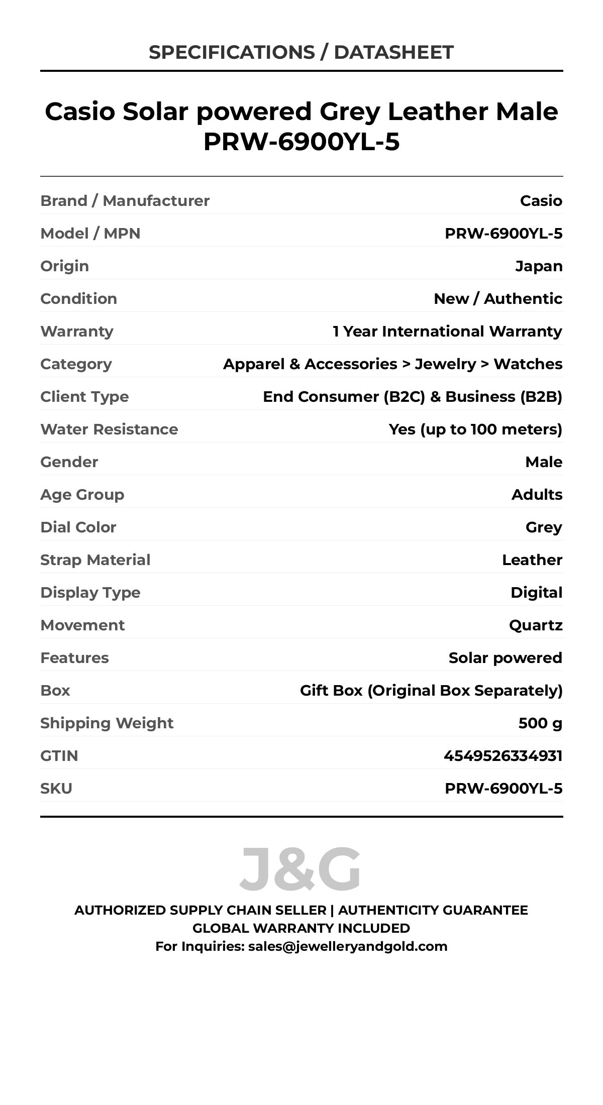 Casio Solar powered Grey Leather Male PRW-6900YL-5 - Specifications