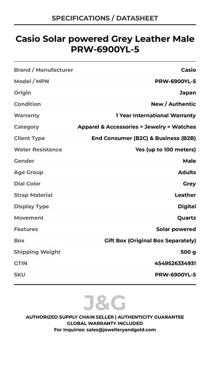 Casio Solar powered Grey Leather Male PRW-6900YL-5 - Specifications
