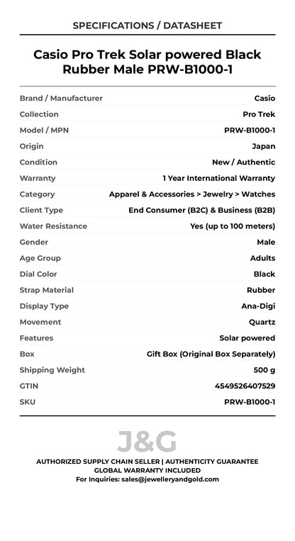 Casio Pro Trek Solar powered Black Rubber Male PRW-B1000-1 - Specifications