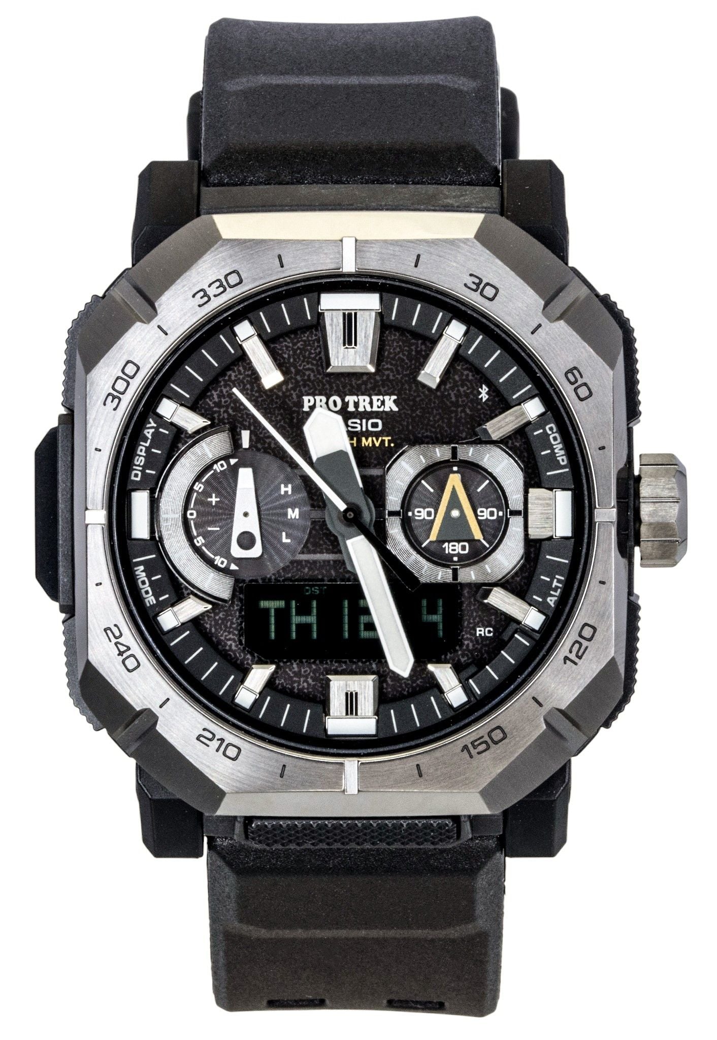 Casio Pro Trek Solar powered Black Rubber Male PRW-B1000-1. A brand-new Casio Pro Trek watch featuring a Black dial and a Rubber strap. Angled view.