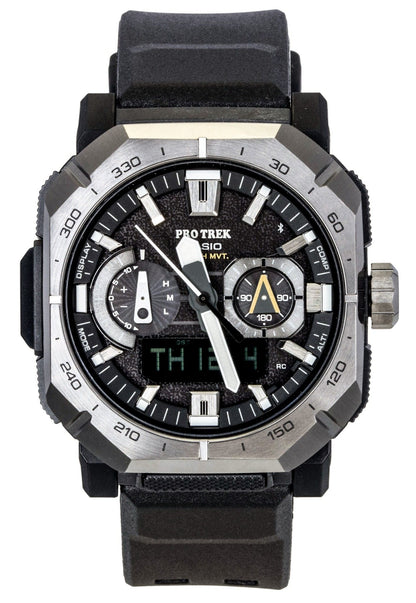 Casio Pro Trek Solar powered Black Rubber Male PRW-B1000-1. A brand-new Casio Pro Trek watch featuring a Black dial and a Rubber strap. Angled view.