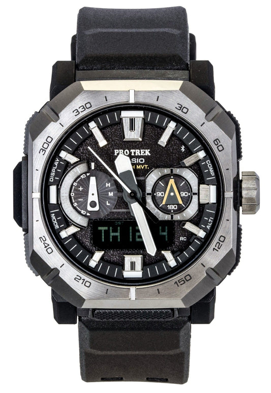 Casio Pro Trek Solar powered Black Rubber Male PRW-B1000-1. A brand-new Casio Pro Trek watch featuring a Black dial and a Rubber strap. Angled view.