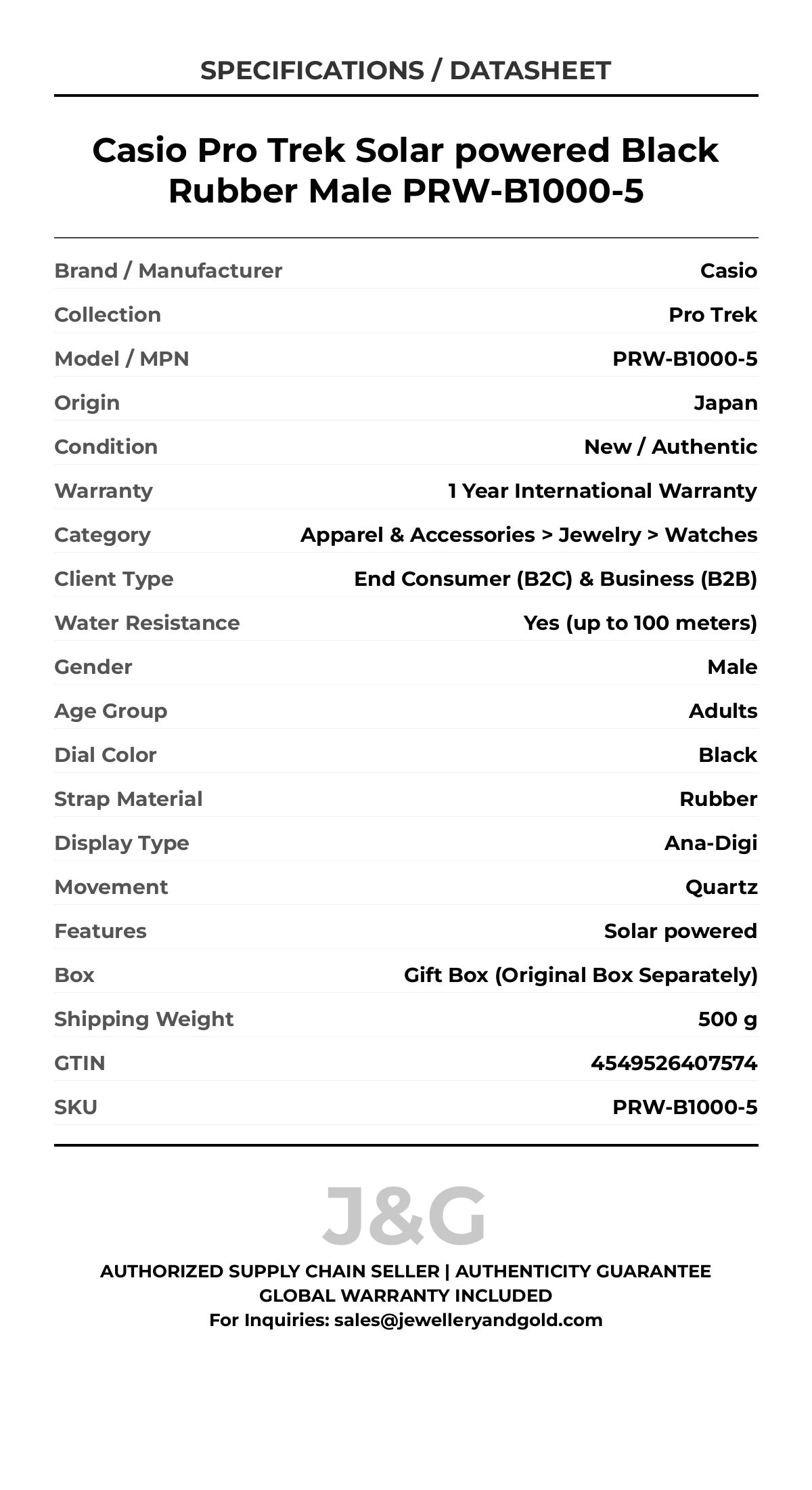 Casio Pro Trek Solar powered Black Rubber Male PRW-B1000-5 - Specifications
