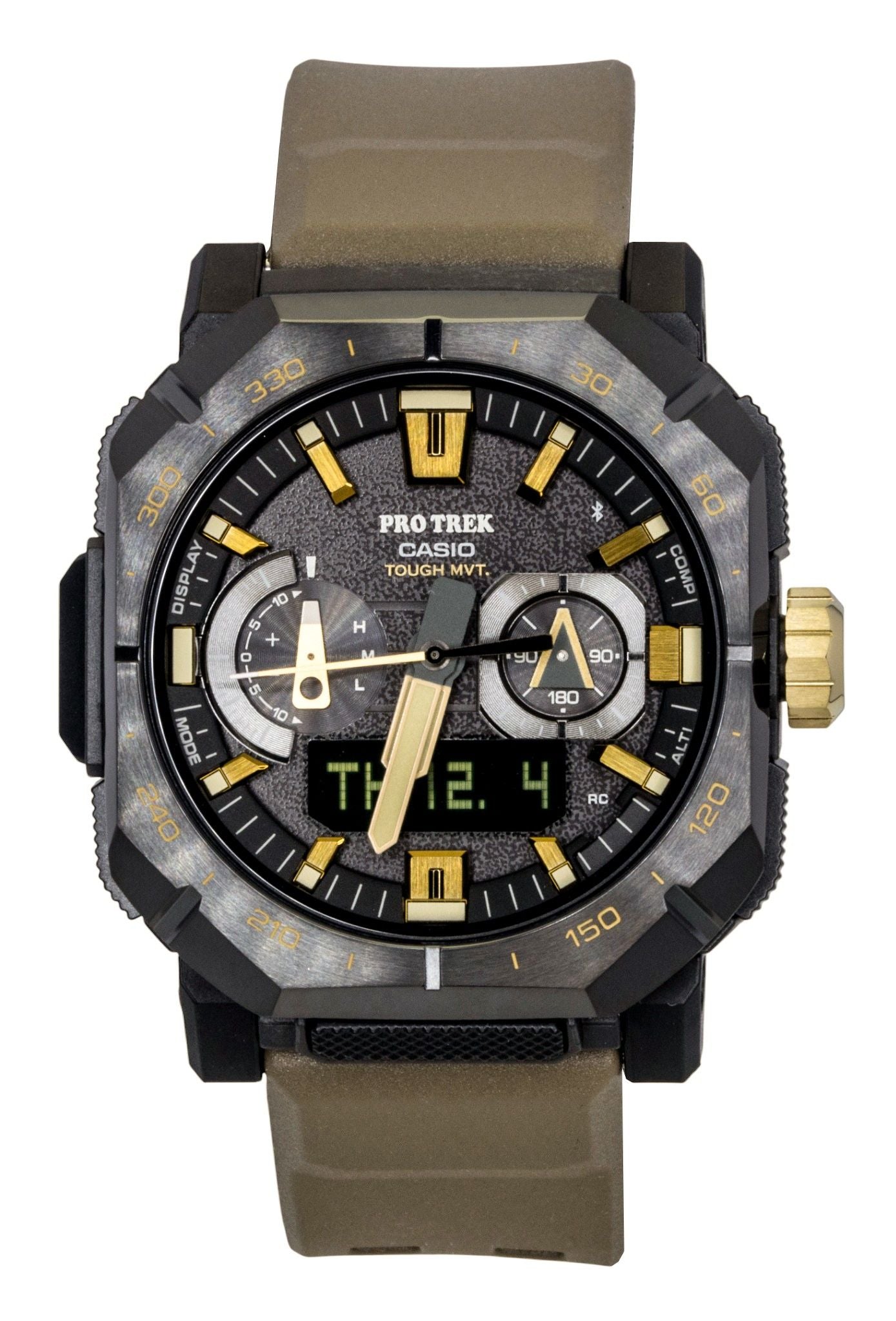 Casio Pro Trek Solar powered Black Rubber Male PRW-B1000-5. A brand-new Casio Pro Trek watch featuring a Black dial and a Rubber strap. Angled view.
