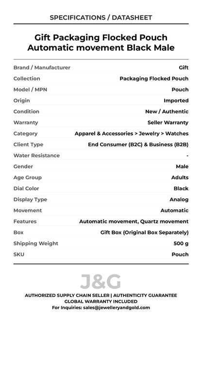 Gift Packaging Flocked Pouch Automatic movement Black Male - Specifications