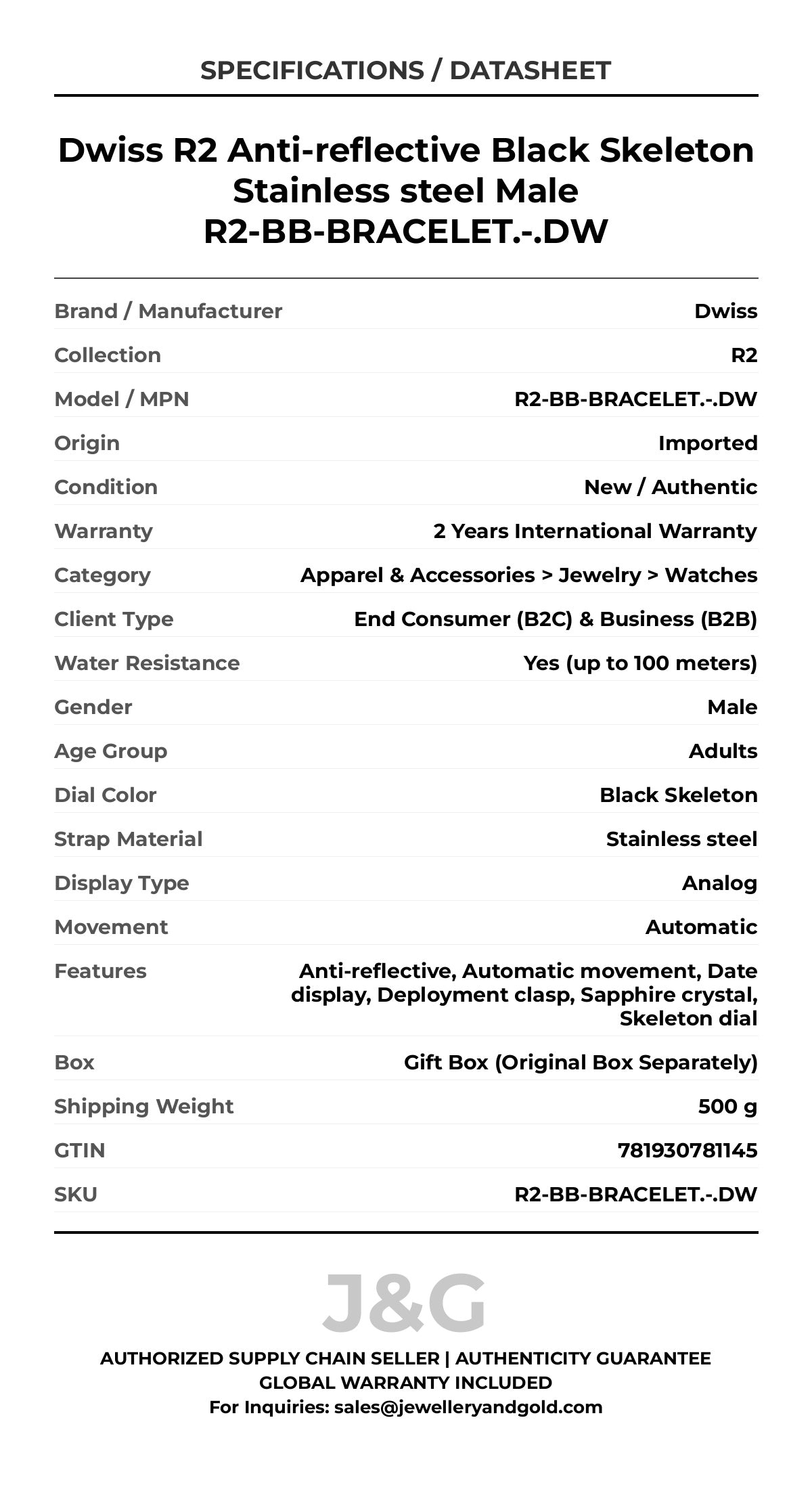 Dwiss R2 Anti-reflective Black Skeleton Stainless steel Male R2-BB-BRACELET.-.DW - Specifications