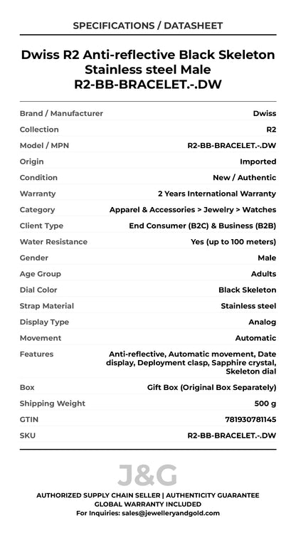 Dwiss R2 Anti-reflective Black Skeleton Stainless steel Male R2-BB-BRACELET.-.DW - Specifications