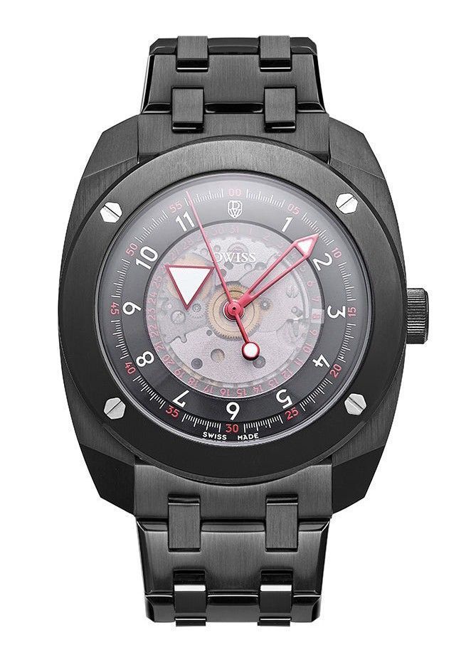 Dwiss R2 Anti-reflective Black Skeleton Stainless steel Male R2-BB-BRACELET.-.DW. A brand-new Dwiss R2 watch featuring a Black Skeleton dial and a Stainless steel strap. Side view.