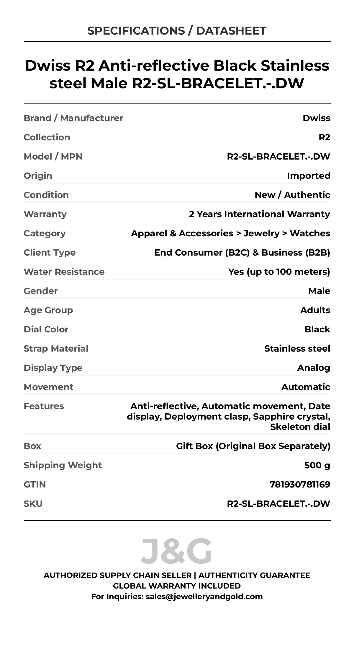 Dwiss R2 Anti-reflective Black Stainless steel Male R2-SL-BRACELET.-.DW - Specifications