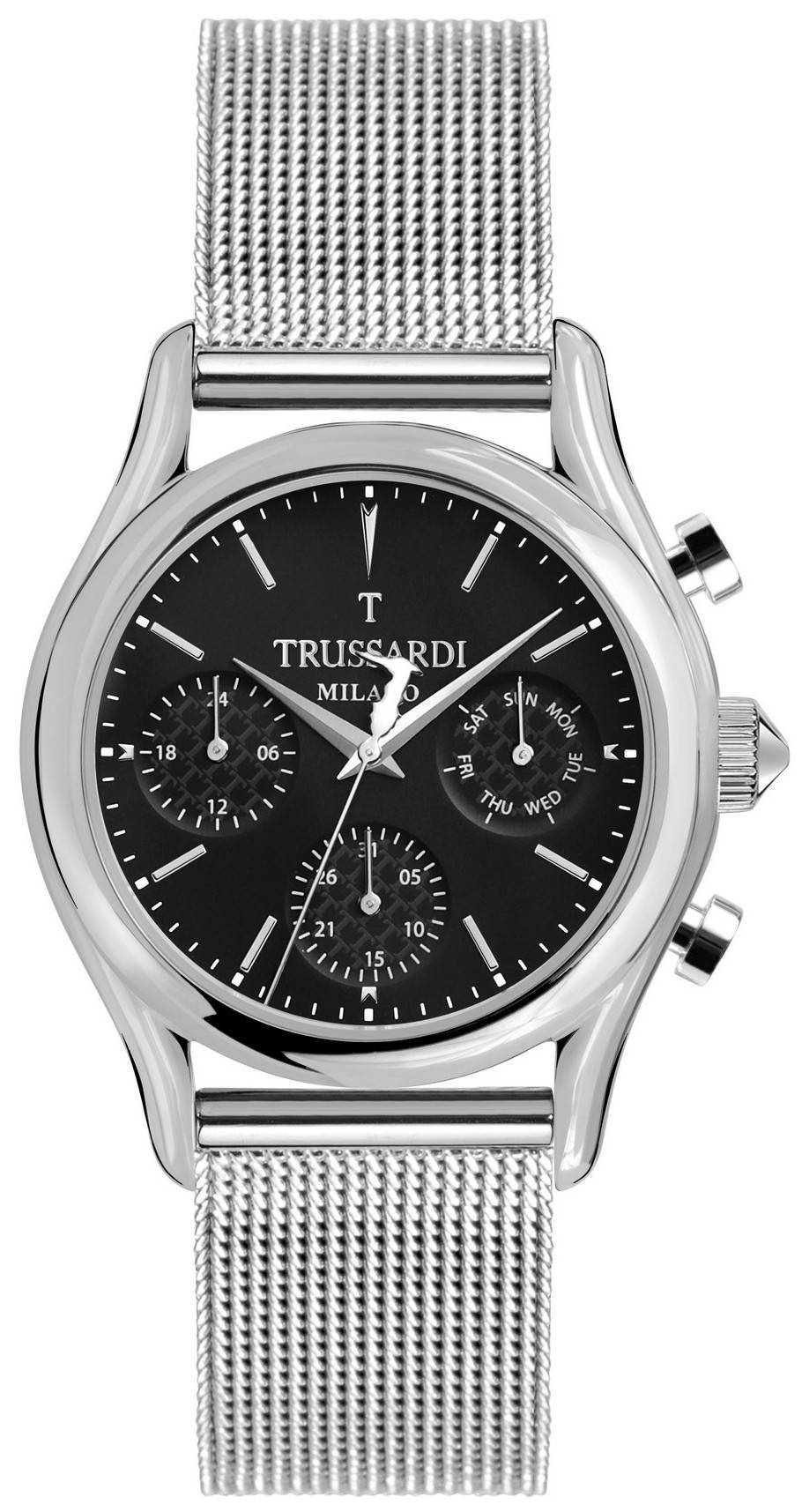 Trussardi T-Light Date display Blue Stainless steel Male R2453127002-. A brand-new Trussardi T-Light watch featuring a Blue dial and a Stainless steel strap. Side view.