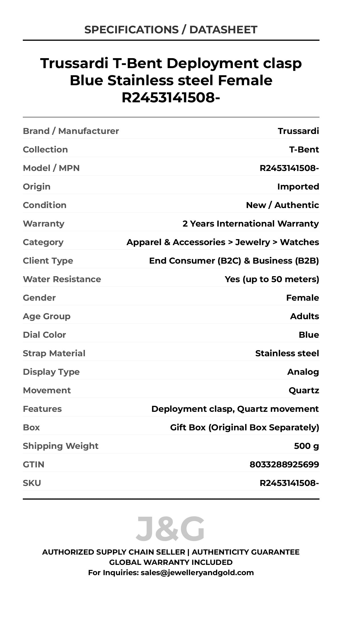 Trussardi T-Bent Deployment clasp Blue Stainless steel Female R2453141508- - Specifications