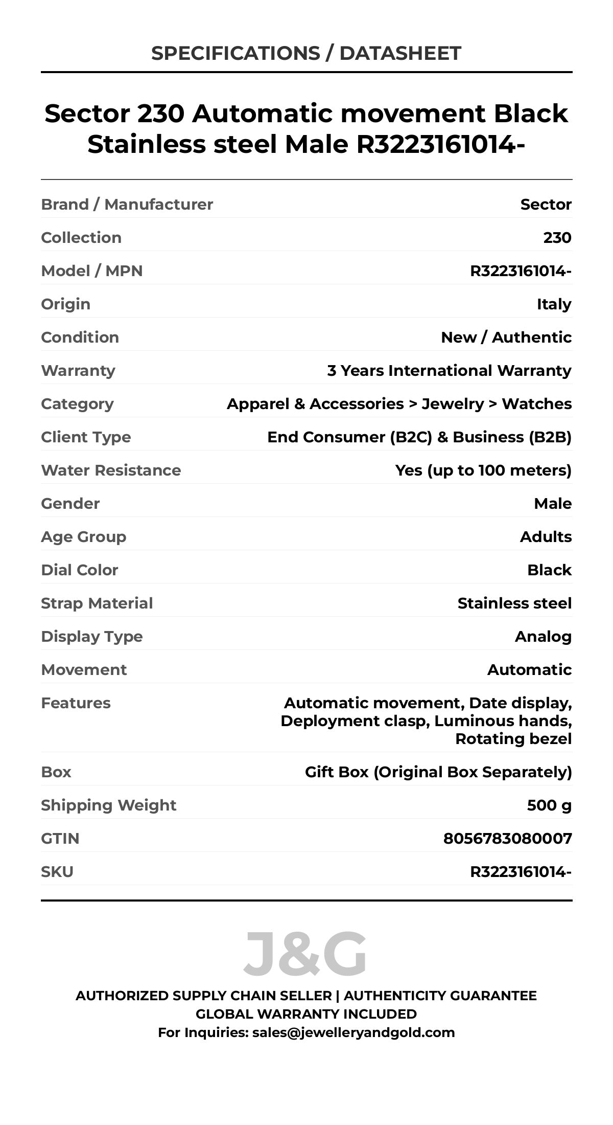 Sector 230 Automatic movement Black Stainless steel Male R3223161014- - Specifications