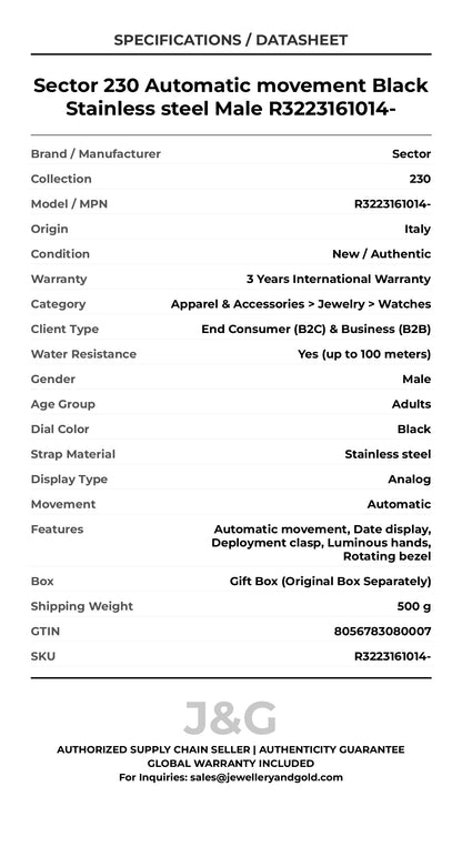 Sector 230 Automatic movement Black Stainless steel Male R3223161014- - Specifications