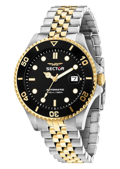 Sector 230 Automatic movement Black Stainless steel Male R3223161015-. A brand-new Sector 230 watch featuring a Black dial and a Stainless steel strap. Front view.