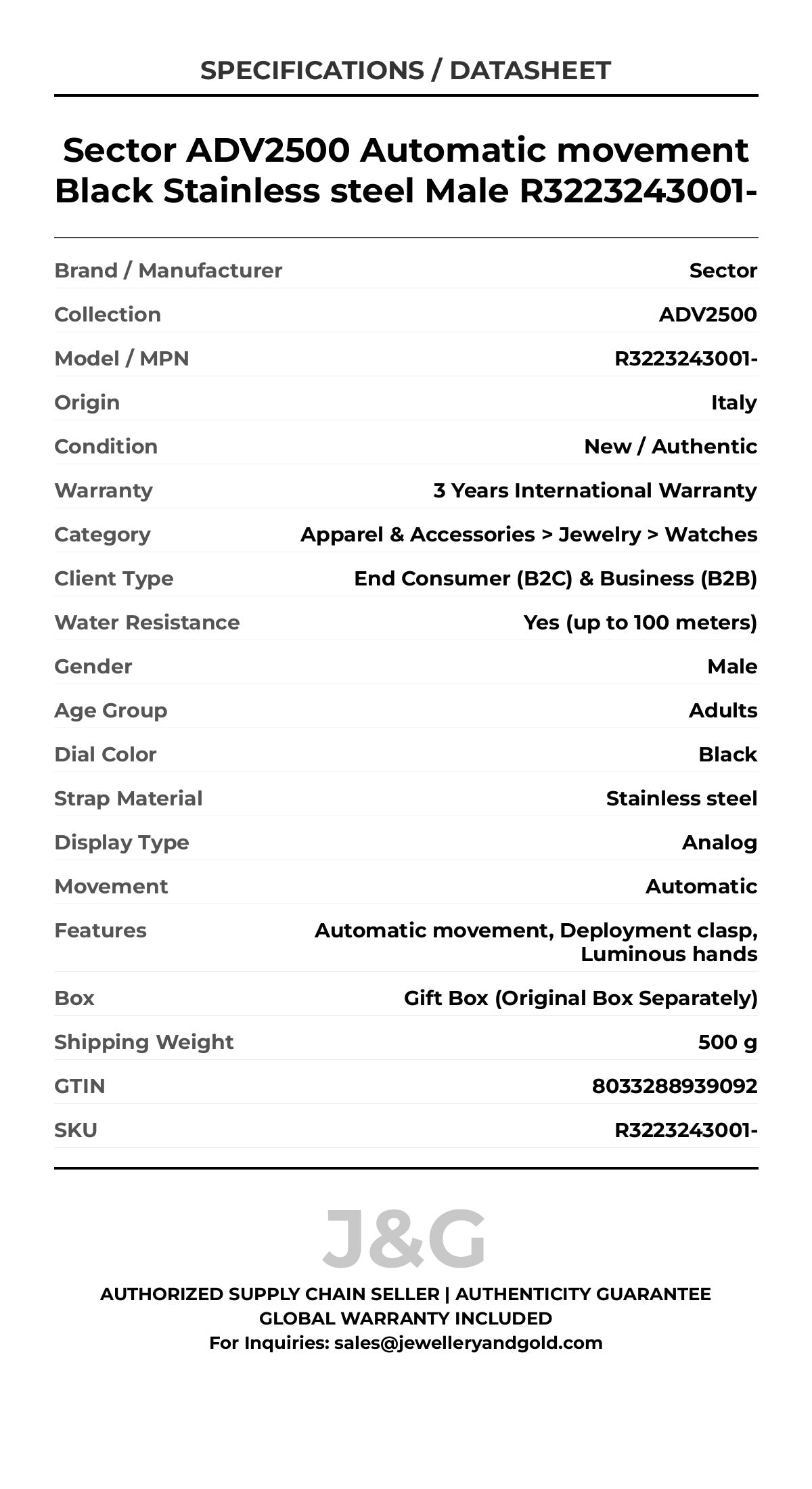 Sector ADV2500 Automatic movement Black Stainless steel Male R3223243001- - Specifications