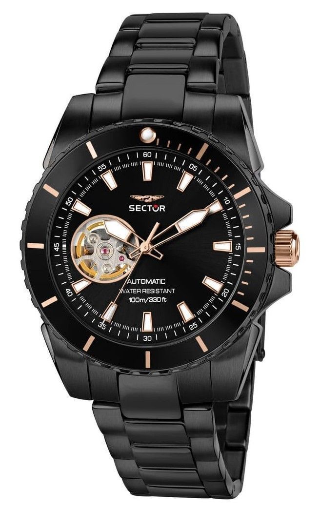 Sector 450 Automatic movement Black Stainless steel Male R3223276002-. A brand-new Sector 450 watch featuring a Black dial and a Stainless steel strap. Side view.