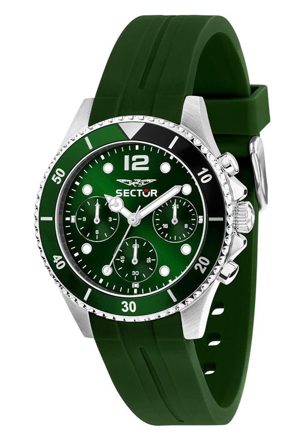 Sector 230 Luminous hands Green Silicone Male R3251161051-. A brand-new Sector 230 watch featuring a Green dial and a Silicone strap. Front view.