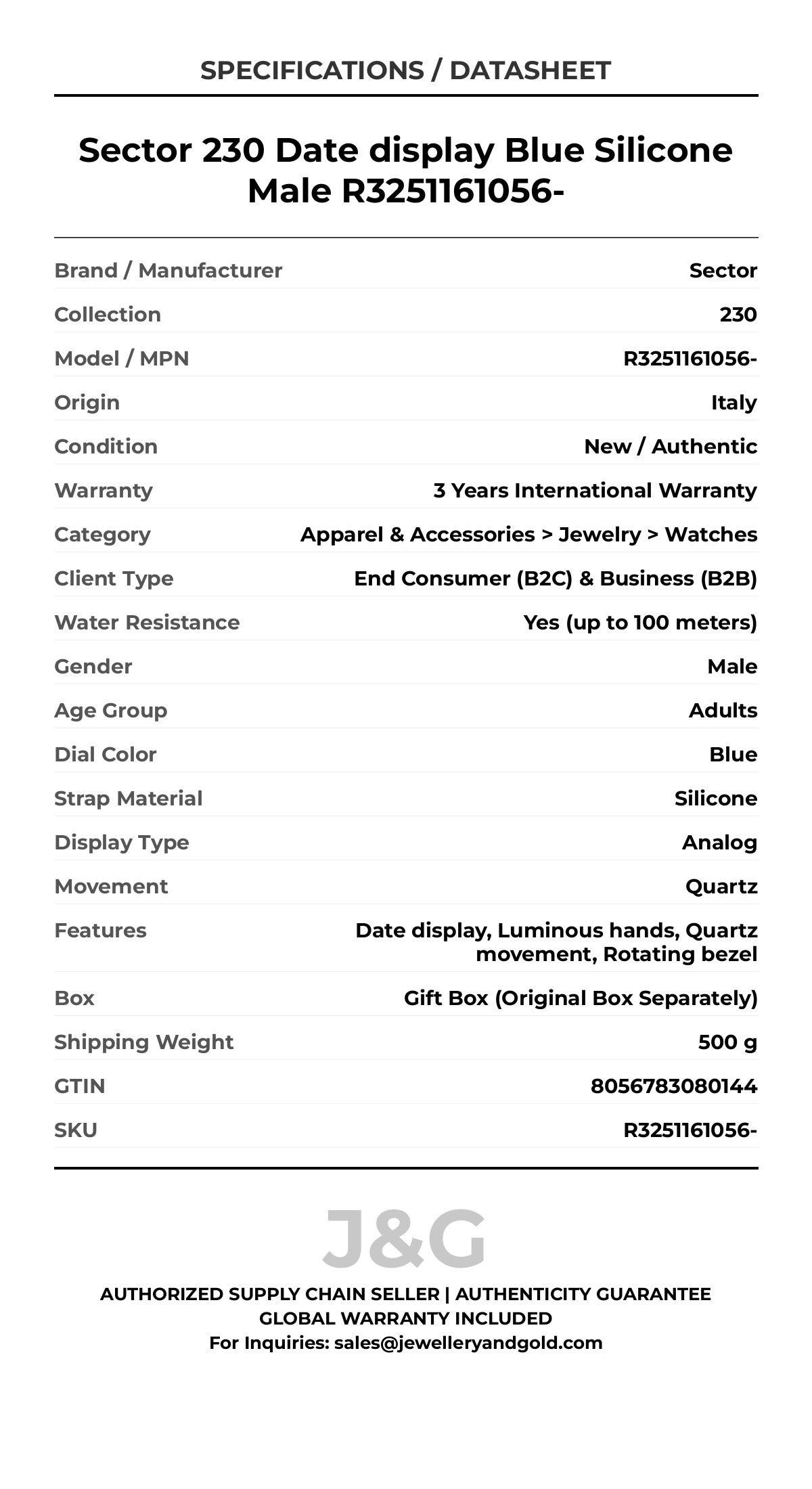 Sector 230 Date display Blue Silicone Male R3251161056- - Specifications