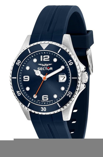 Sector 230 Date display Blue Silicone Male R3251161056-. A brand-new Sector 230 watch featuring a Blue dial and a Silicone strap. Side view.