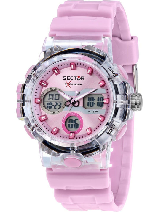 Sector Ex-46 Date display Purple Silicone Female R3251242501-. A brand-new Sector Ex-46 watch featuring a Purple dial and a Silicone strap. Angled view.