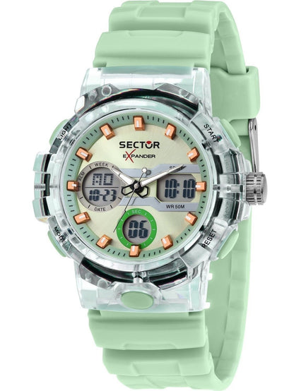 Sector Ex-46 Date display Green Silicone Male R3251242502-. A brand-new Sector Ex-46 watch featuring a Green dial and a Silicone strap. Front view.