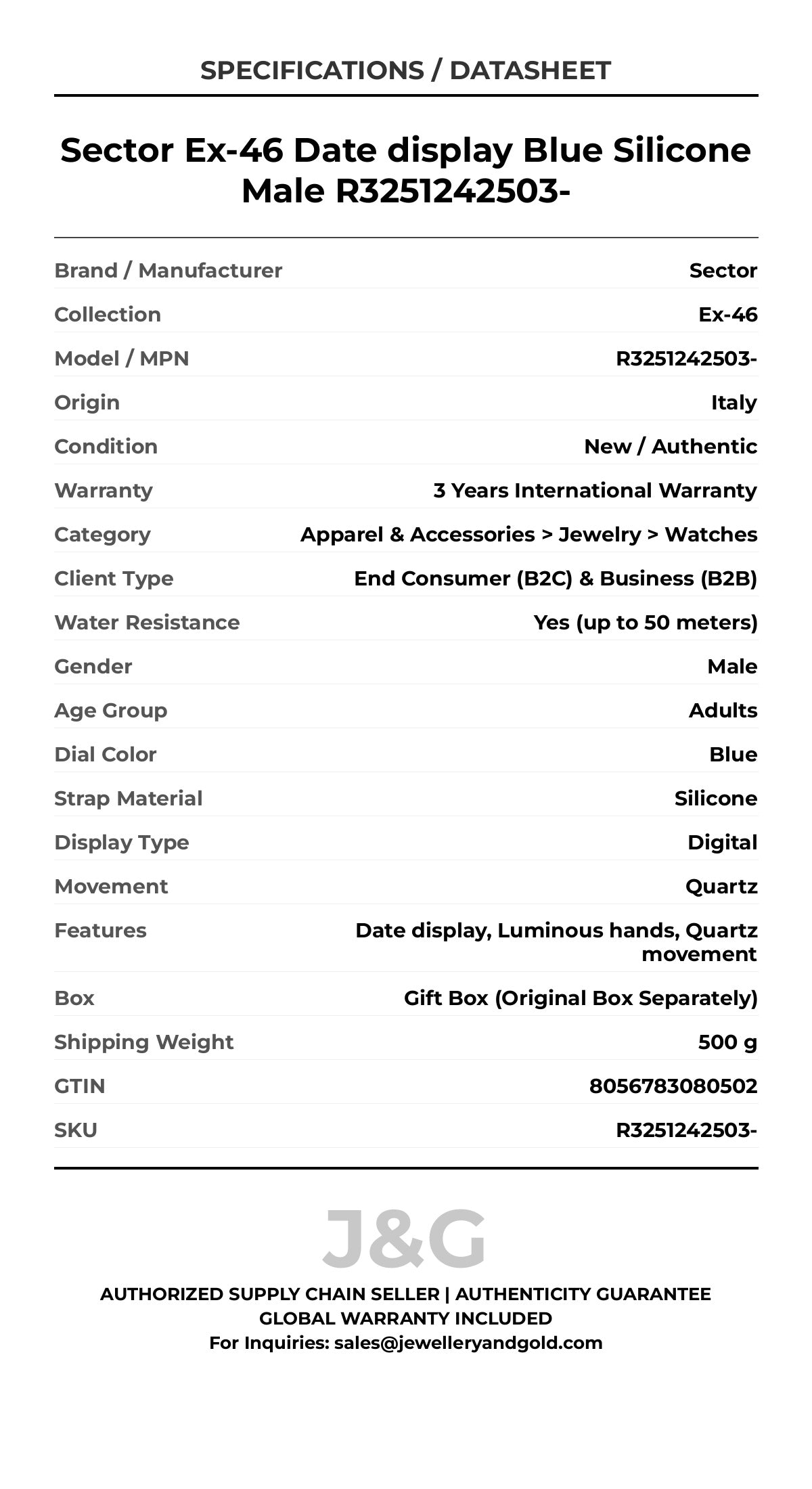 Sector Ex-46 Date display Blue Silicone Male R3251242503- - Specifications