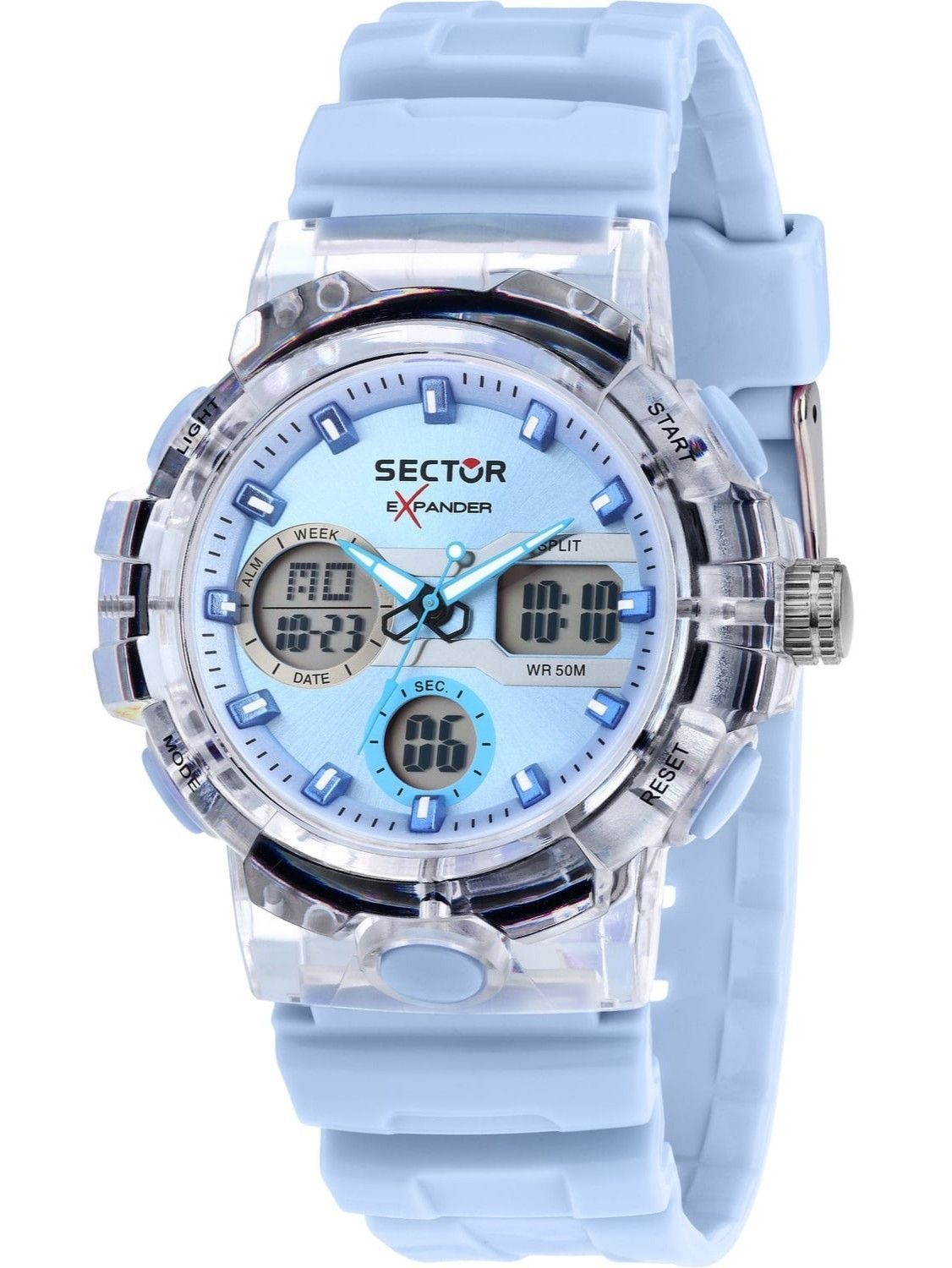 Sector Ex-46 Date display Blue Silicone Male R3251242503-. A brand-new Sector Ex-46 watch featuring a Blue dial and a Silicone strap. Angled view.