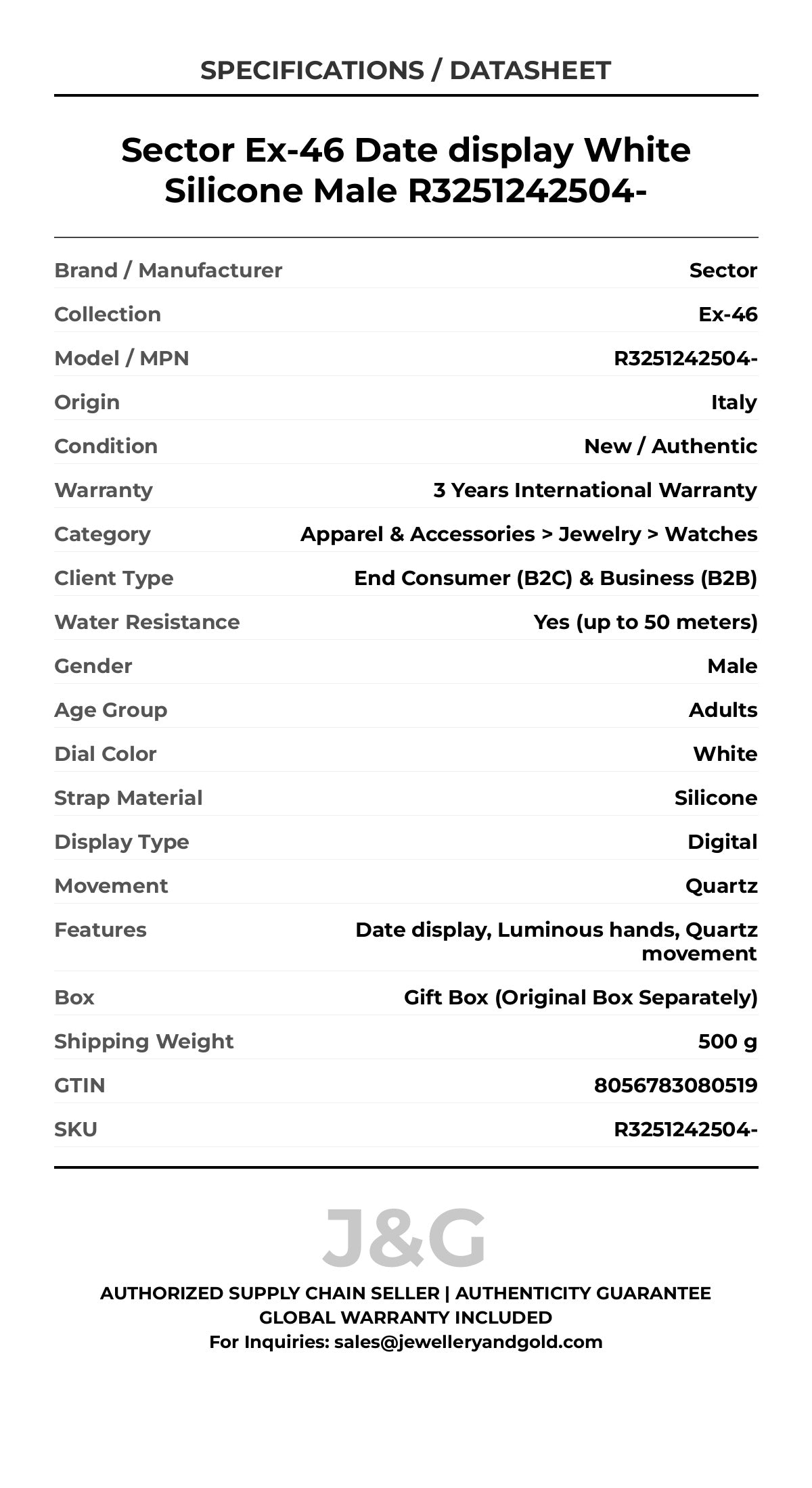 Sector Ex-46 Date display White Silicone Male R3251242504- - Specifications