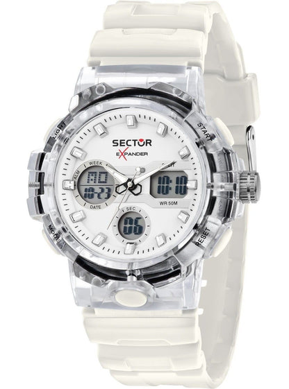 Sector Ex-46 Date display White Silicone Male R3251242504-. A brand-new Sector Ex-46 watch featuring a White dial and a Silicone strap. Side view.