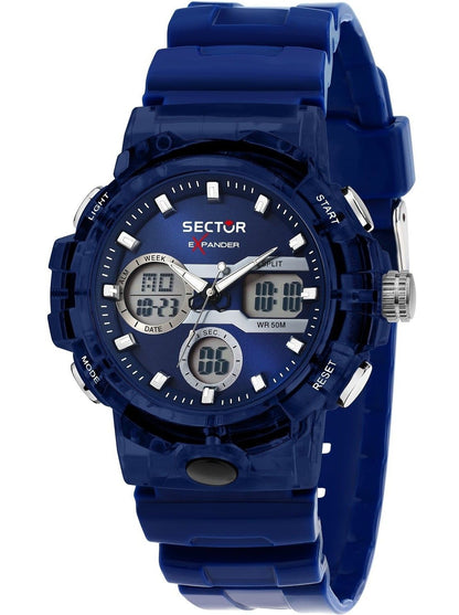Sector Ex-46 Date display Blue Silicone Male R3251242506-. A brand-new Sector Ex-46 watch featuring a Blue dial and a Silicone strap. Angled view.