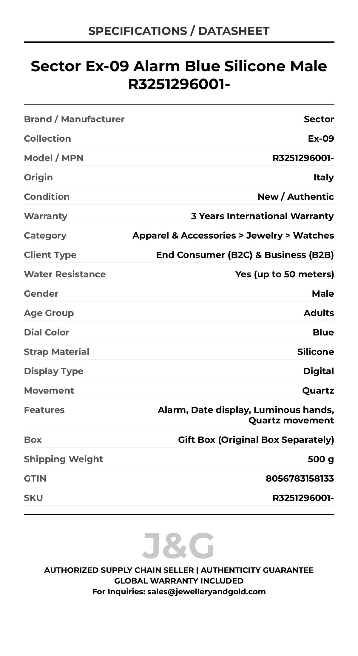 Sector Ex-09 Alarm Blue Silicone Male R3251296001- - Specifications