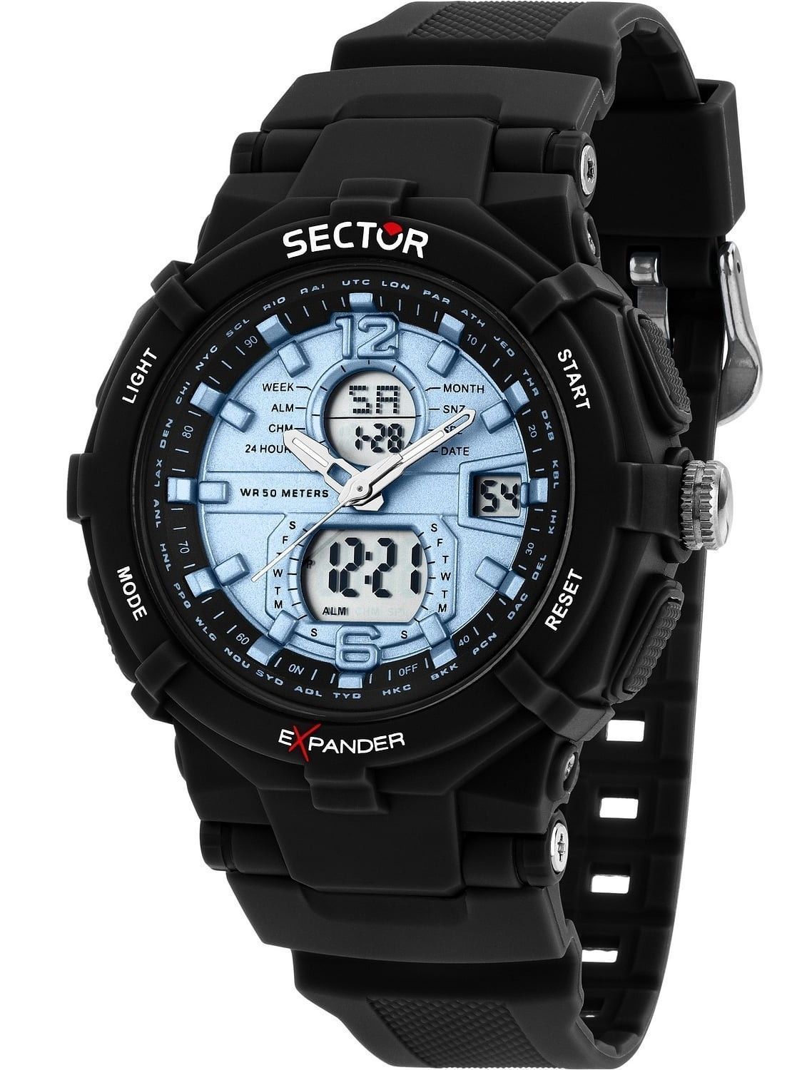 Sector Ex-09 Alarm Blue Silicone Male R3251296001-. A brand-new Sector Ex-09 watch featuring a Blue dial and a Silicone strap. Angled view.