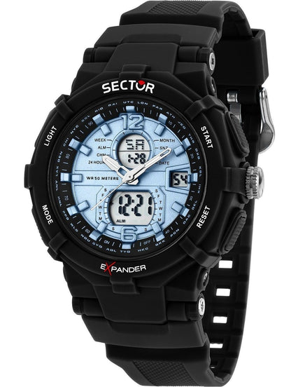 Sector Ex-09 Alarm Blue Silicone Male R3251296001-. A brand-new Sector Ex-09 watch featuring a Blue dial and a Silicone strap. Angled view.