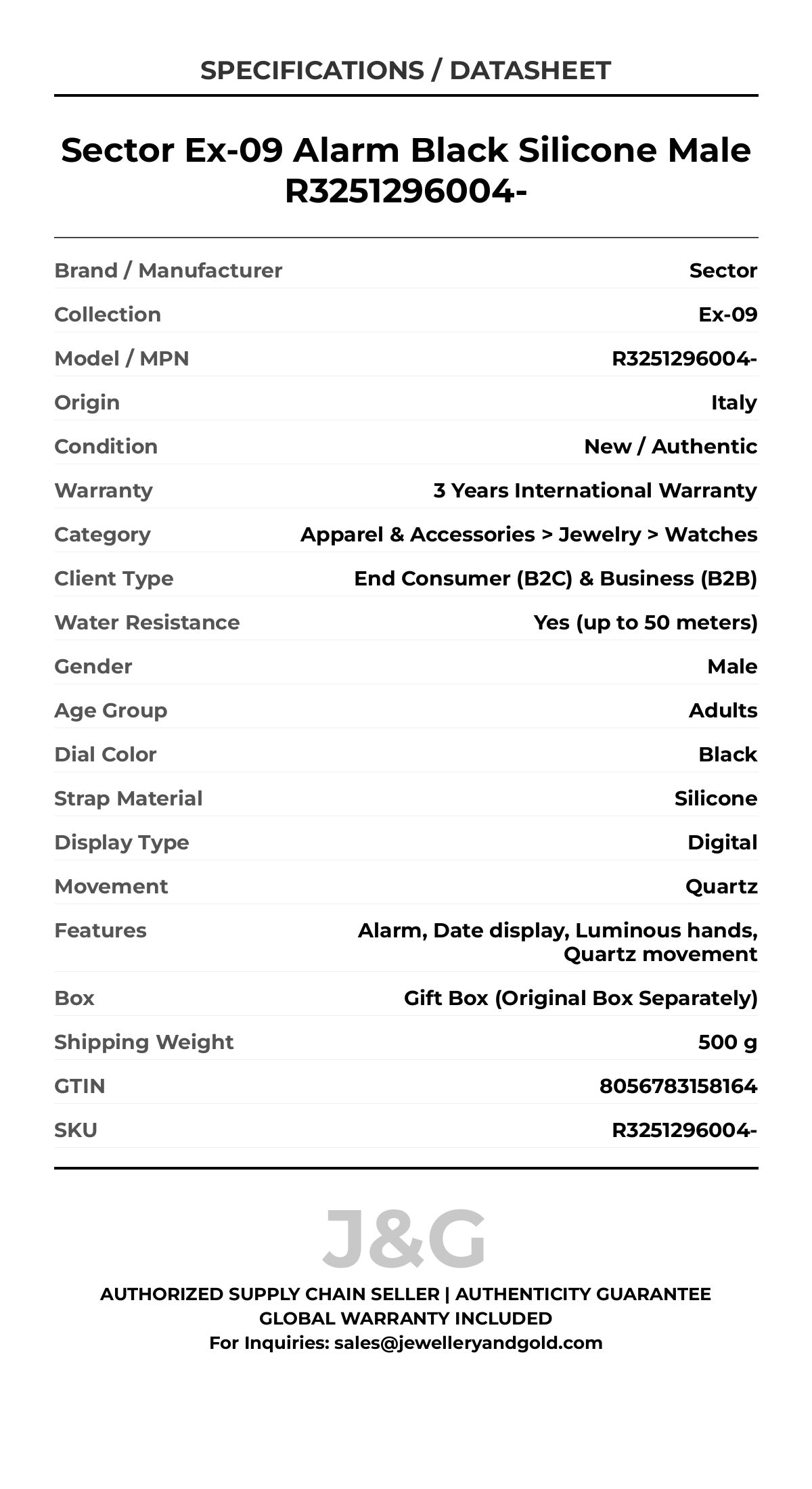 Sector Ex-09 Alarm Black Silicone Male R3251296004- - Specifications