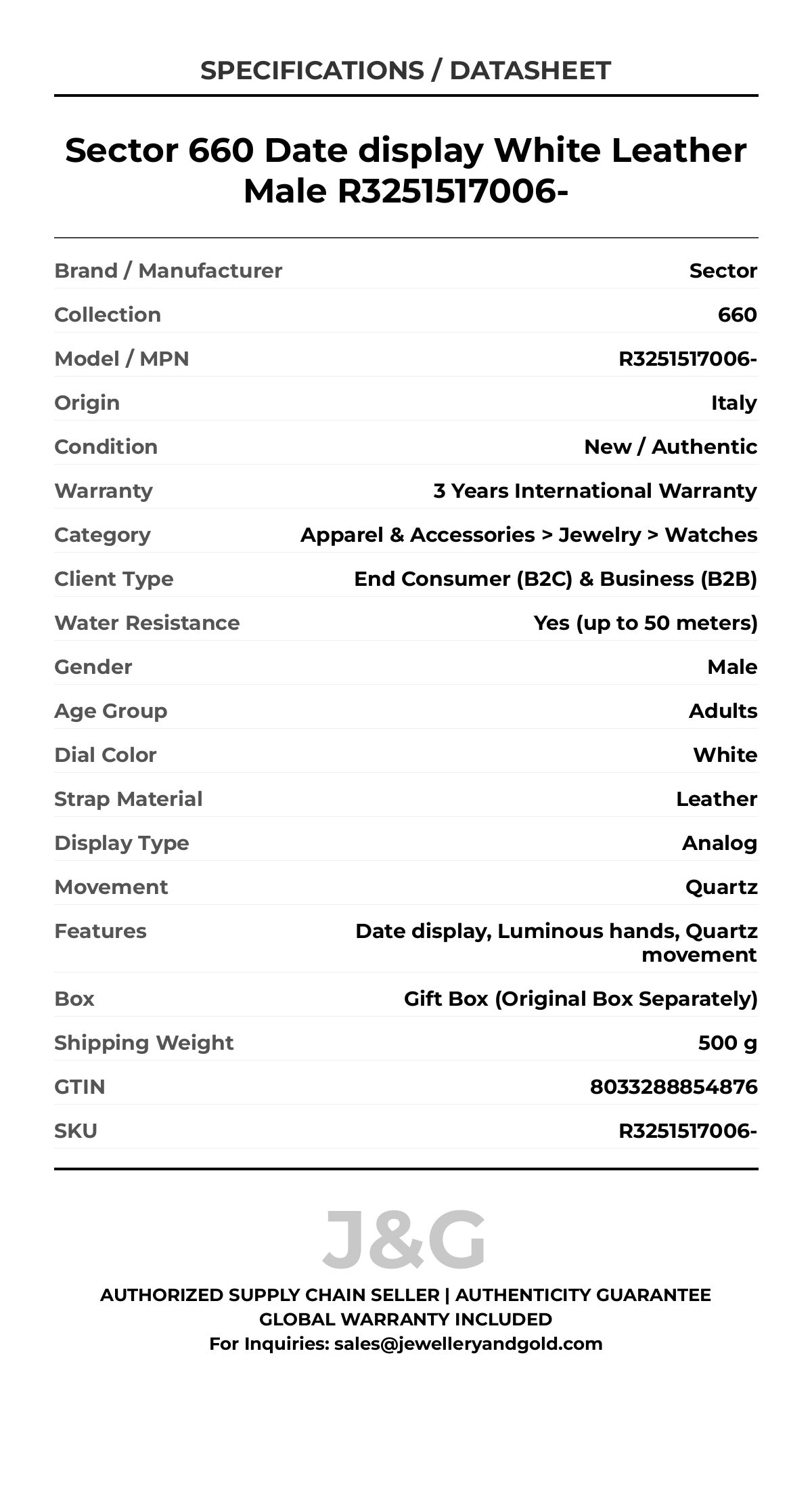 Sector 660 Date display White Leather Male R3251517006- - Specifications