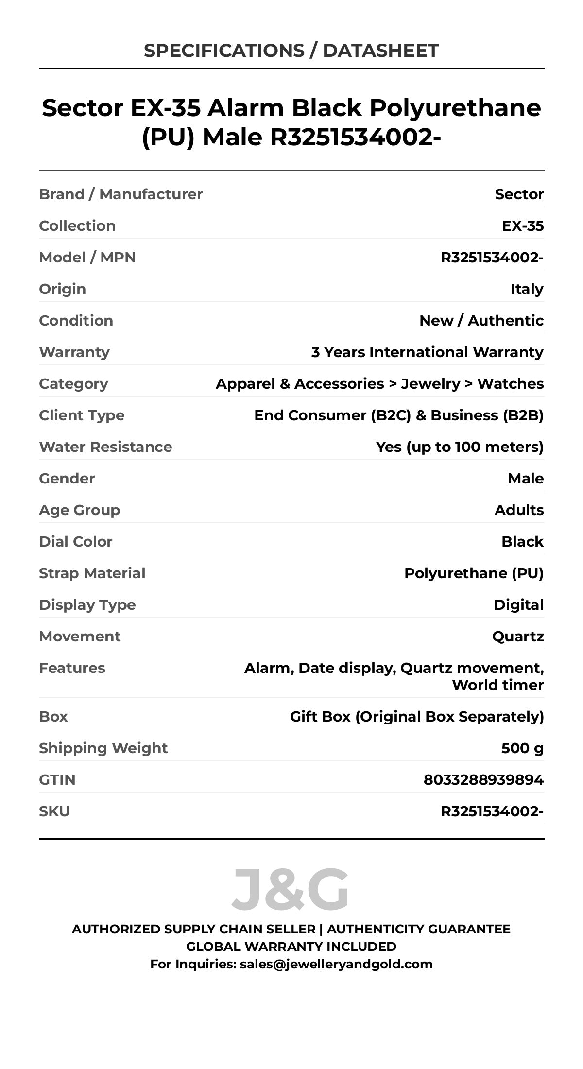 Sector EX-35 Alarm Black Polyurethane (PU) Male R3251534002- - Specifications