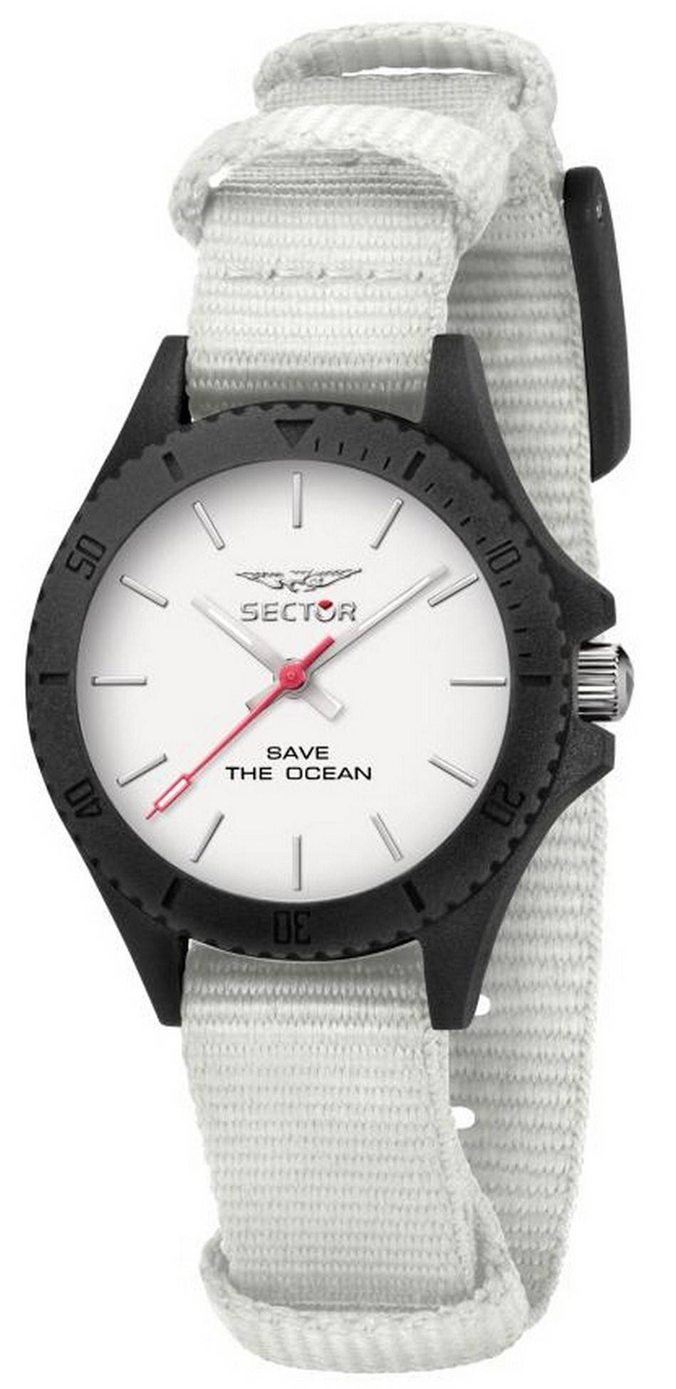 Sector Save The Ocean Luminous hands White Female R3251539503-. A brand-new Sector Save The Ocean watch featuring a White dial. Angled view.