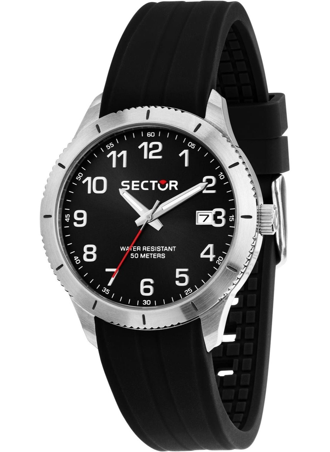 Sector 270 Date display Black Silicone Male R3251578014-. A brand-new Sector 270 watch featuring a Black dial and a Silicone strap. Side view.