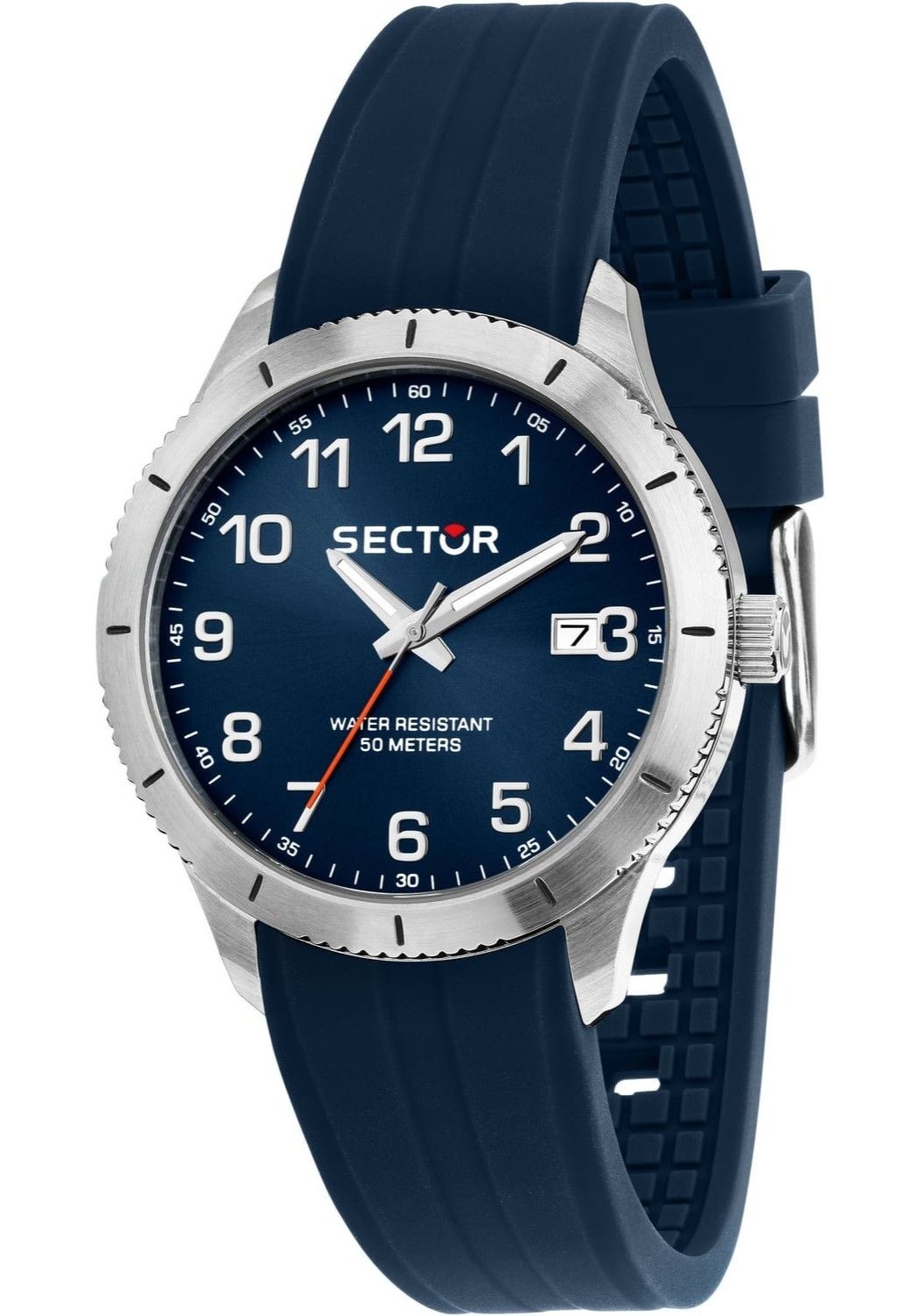 Sector 270 Date display Blue Silicone Male R3251578015-. A brand-new Sector 270 watch featuring a Blue dial and a Silicone strap. Side view.