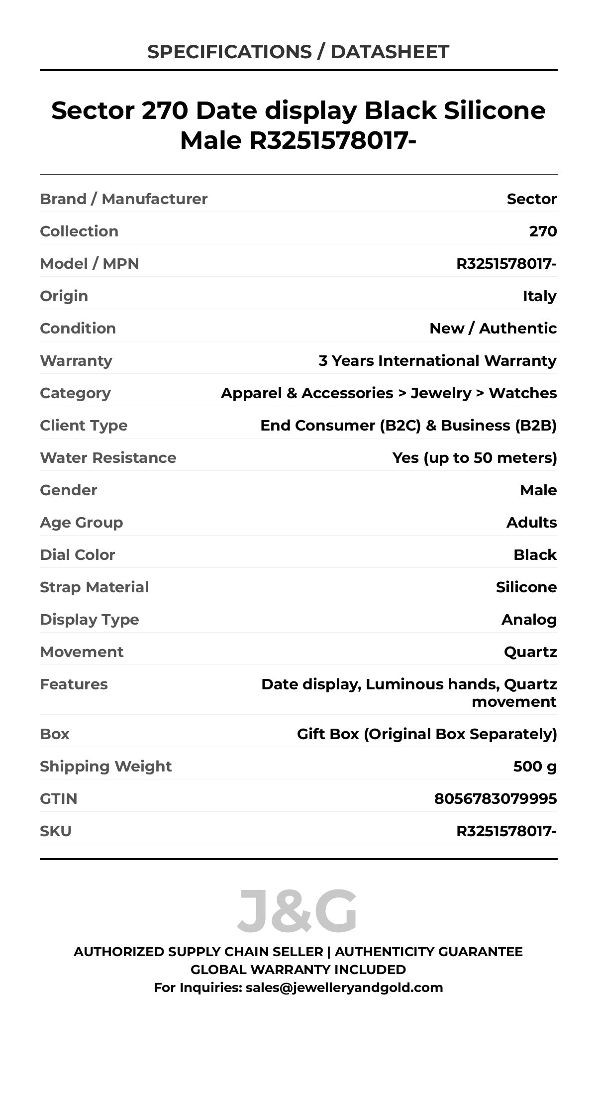 Sector 270 Date display Black Silicone Male R3251578017- - Specifications