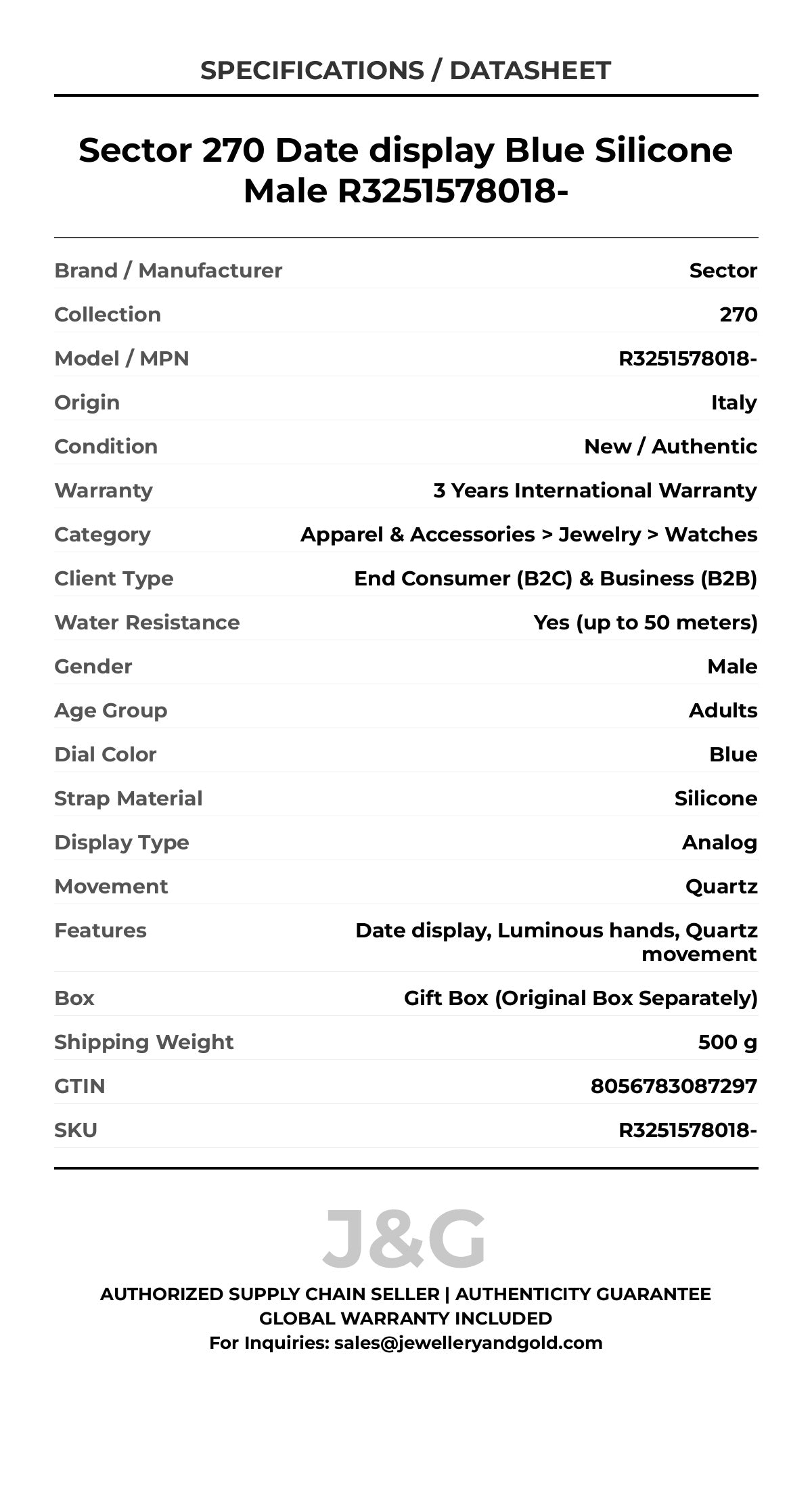 Sector 270 Date display Blue Silicone Male R3251578018- - Specifications