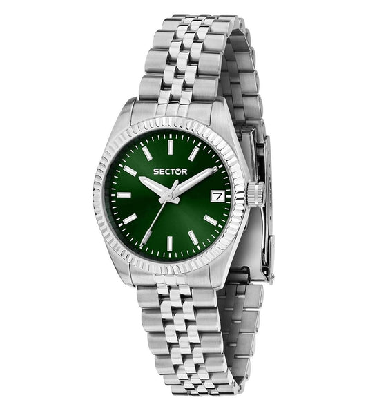 Sector 240 Date display Green Stainless steel Female R3253240513-. A brand-new Sector 240 watch featuring a Green dial and a Stainless steel strap. Angled view.