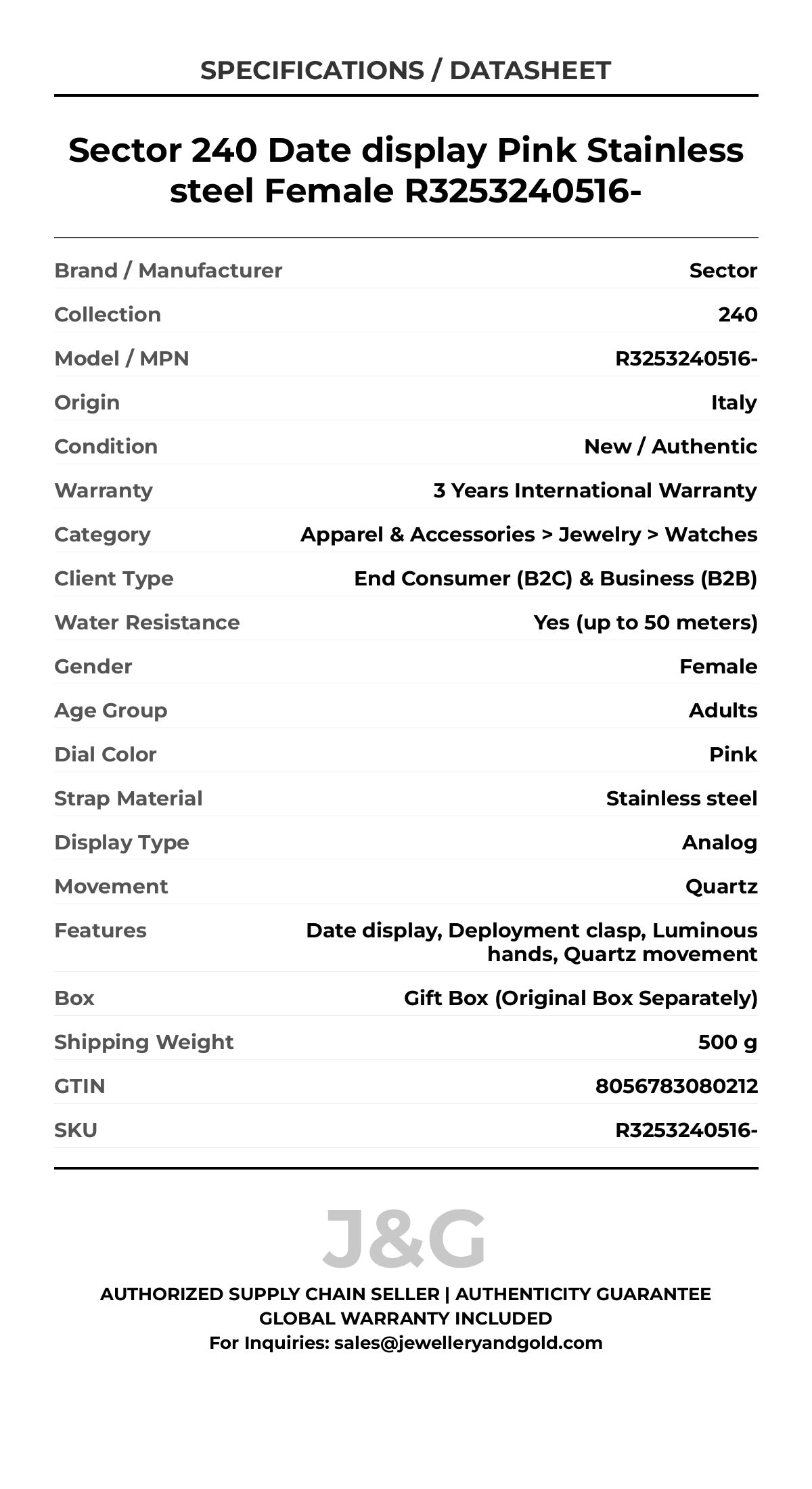 Sector 240 Date display Pink Stainless steel Female R3253240516- - Specifications