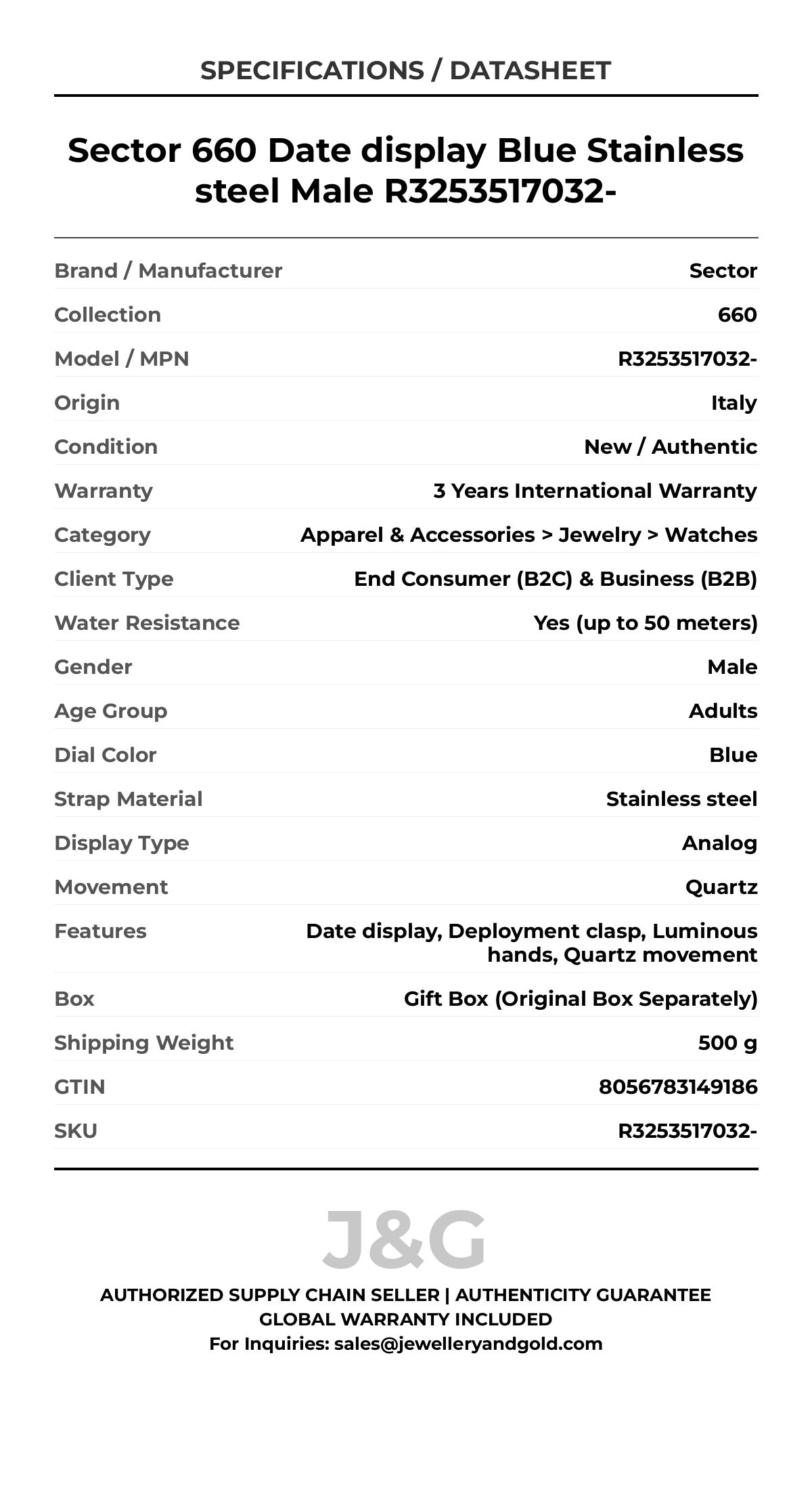 Sector 660 Date display Blue Stainless steel Male R3253517032- - Specifications